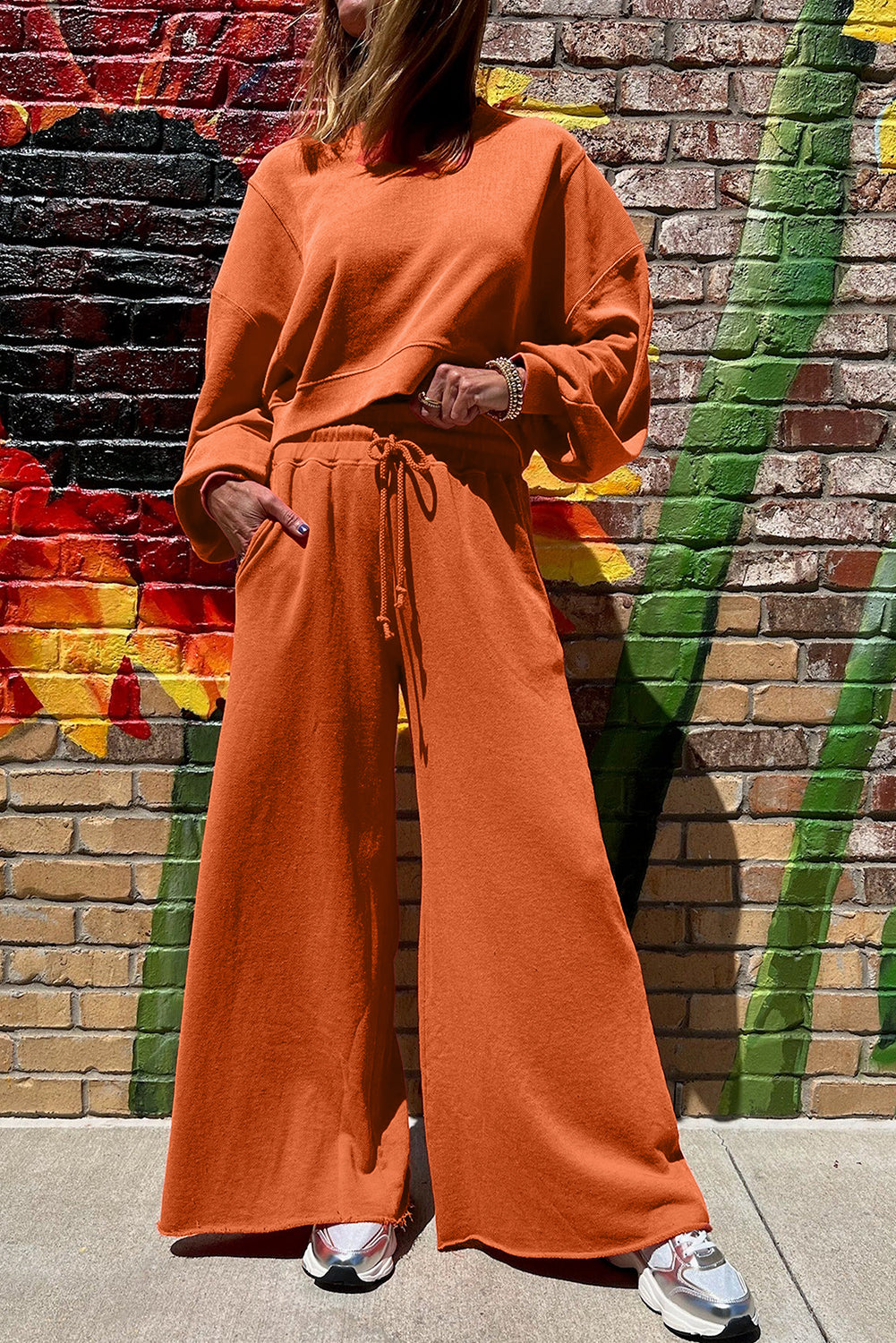 Light Pink Drop Shoulder Crop Pullover Drawstring Wide Leg Pants Set