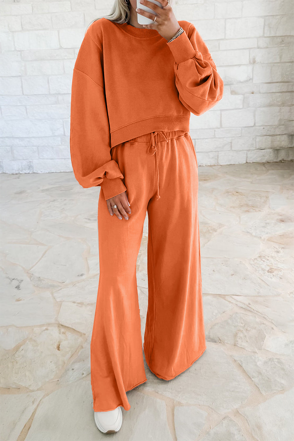 Light Pink Drop Shoulder Crop Pullover Drawstring Wide Leg Pants Set