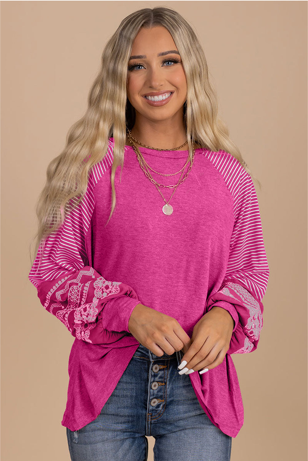 Brown Contrast Print Striped Raglan Long Sleeve Loose Top
