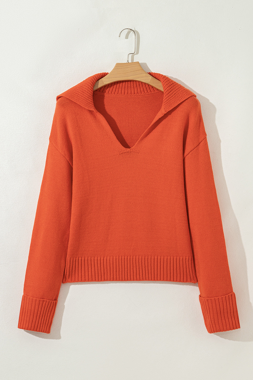 Chestnut Ribbed Edge Collared V Neck Loose Fit Sweater