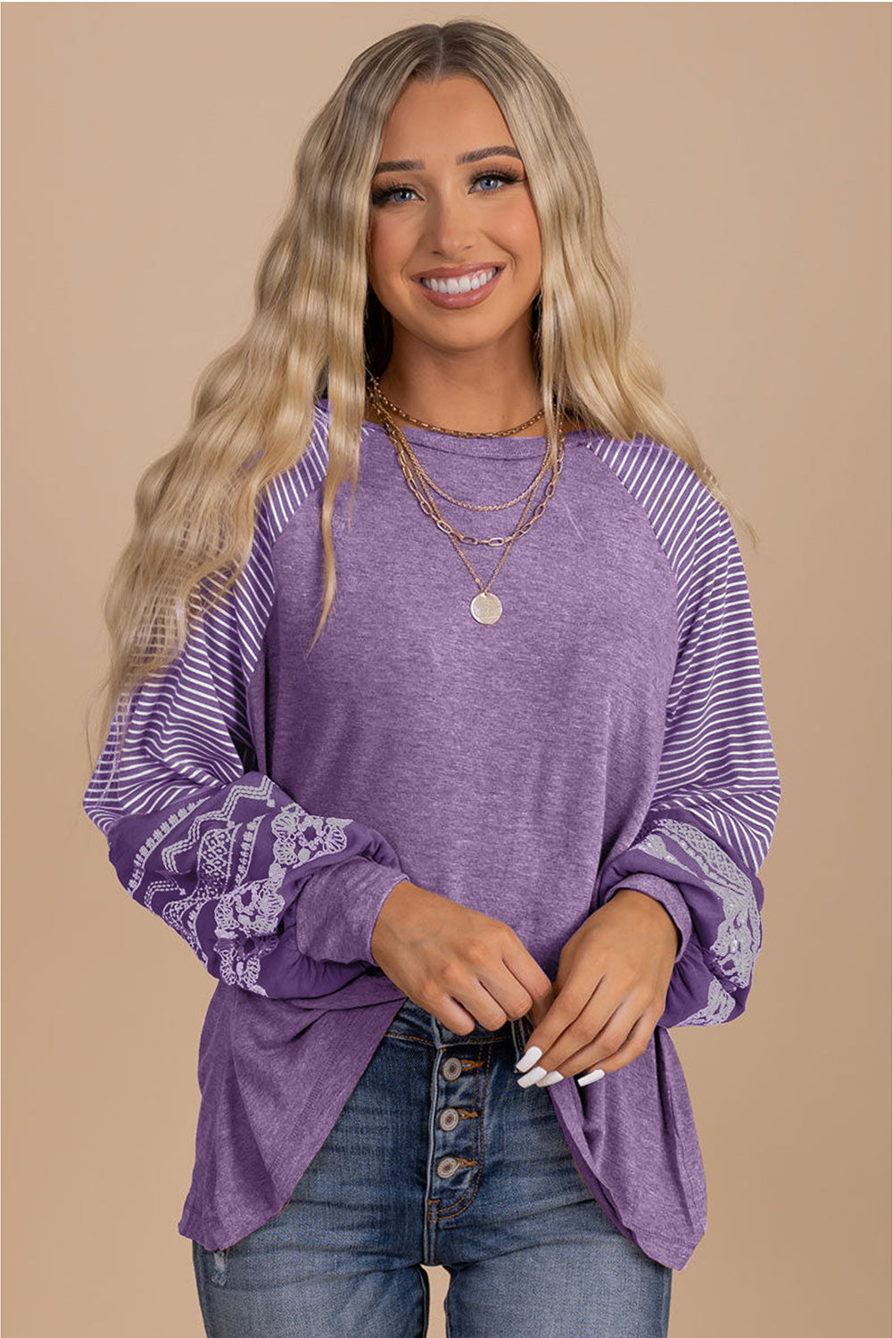 Brown Contrast Print Striped Raglan Long Sleeve Loose Top