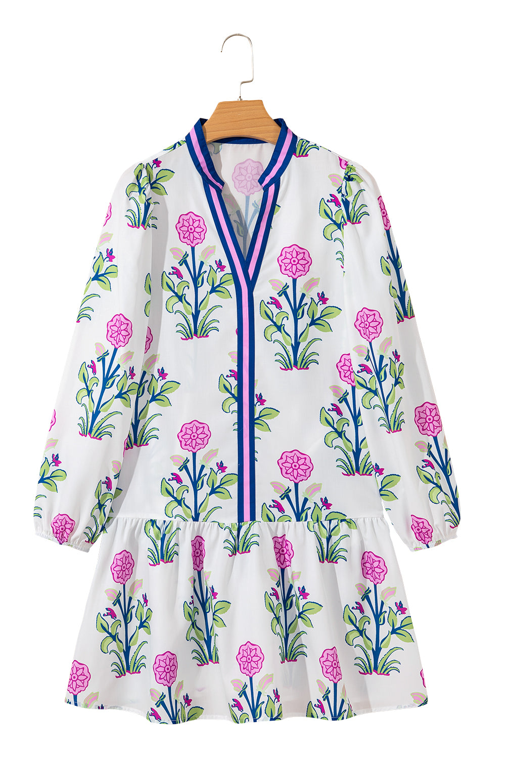 Sky Blue Floral Print Pop of Color V Neck Mini Dress