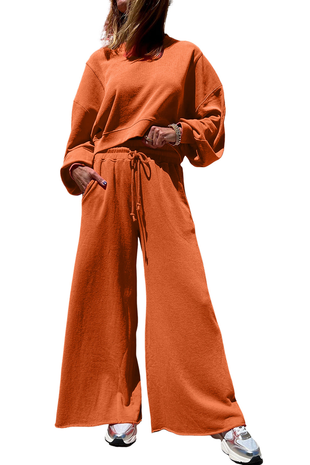 Light Pink Drop Shoulder Crop Pullover Drawstring Wide Leg Pants Set