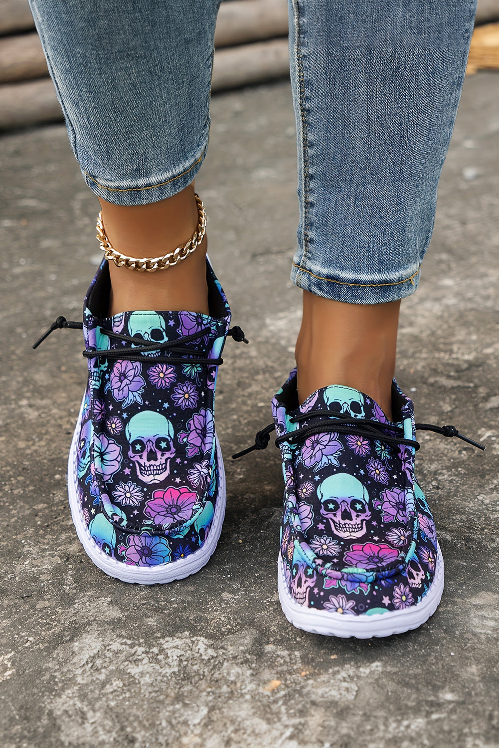 Black Halloween Skull Print Casual Shoes