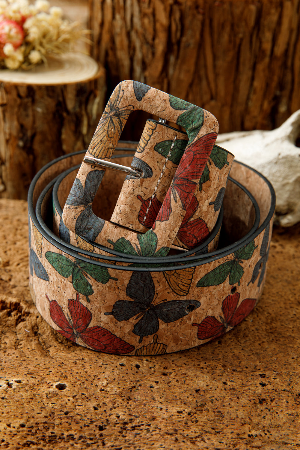 Chestnut Retro Butterfly Print Buckle Belt