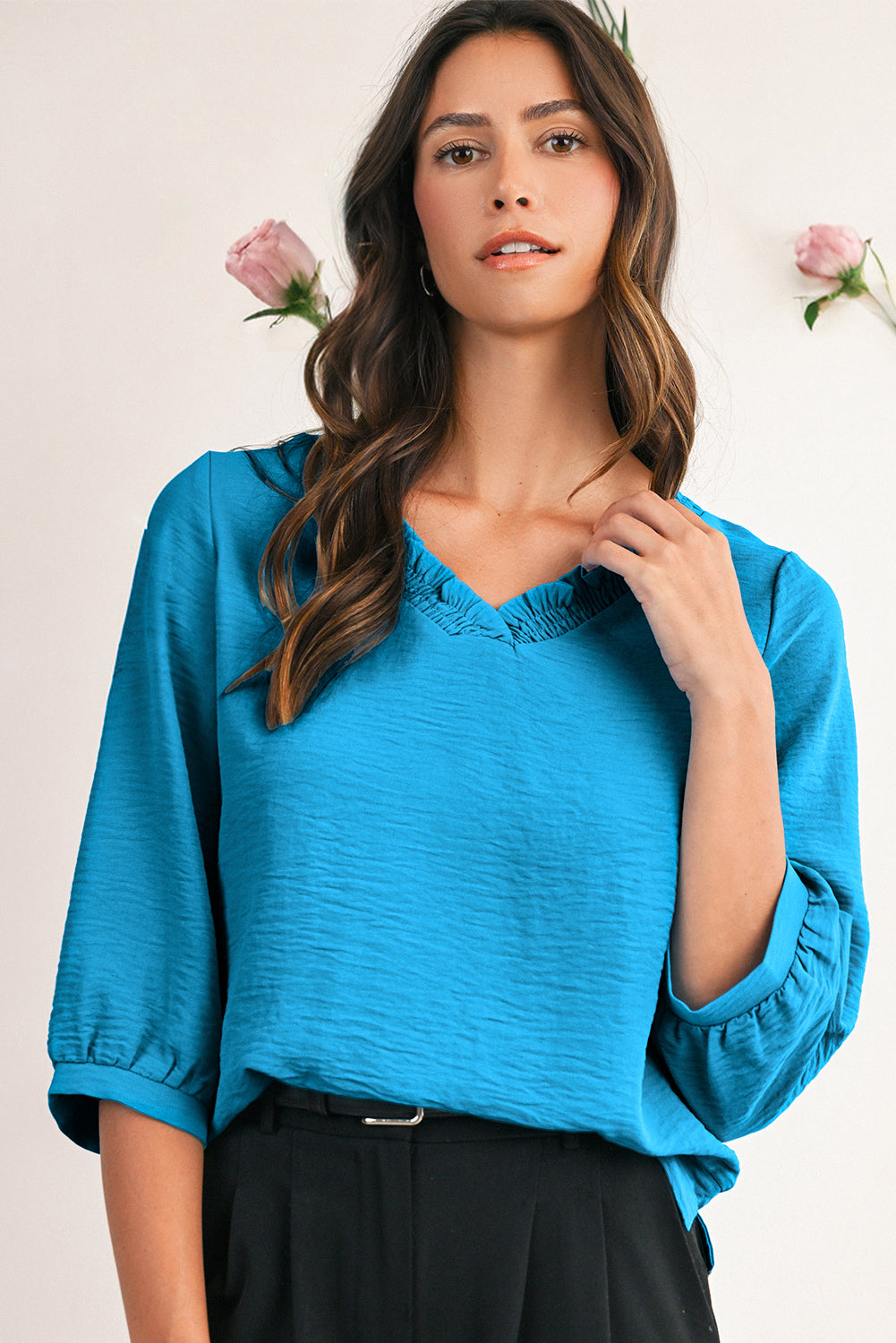 Moonlight Jade Frill V Neckline Puff Sleeve Crinkled Blouse