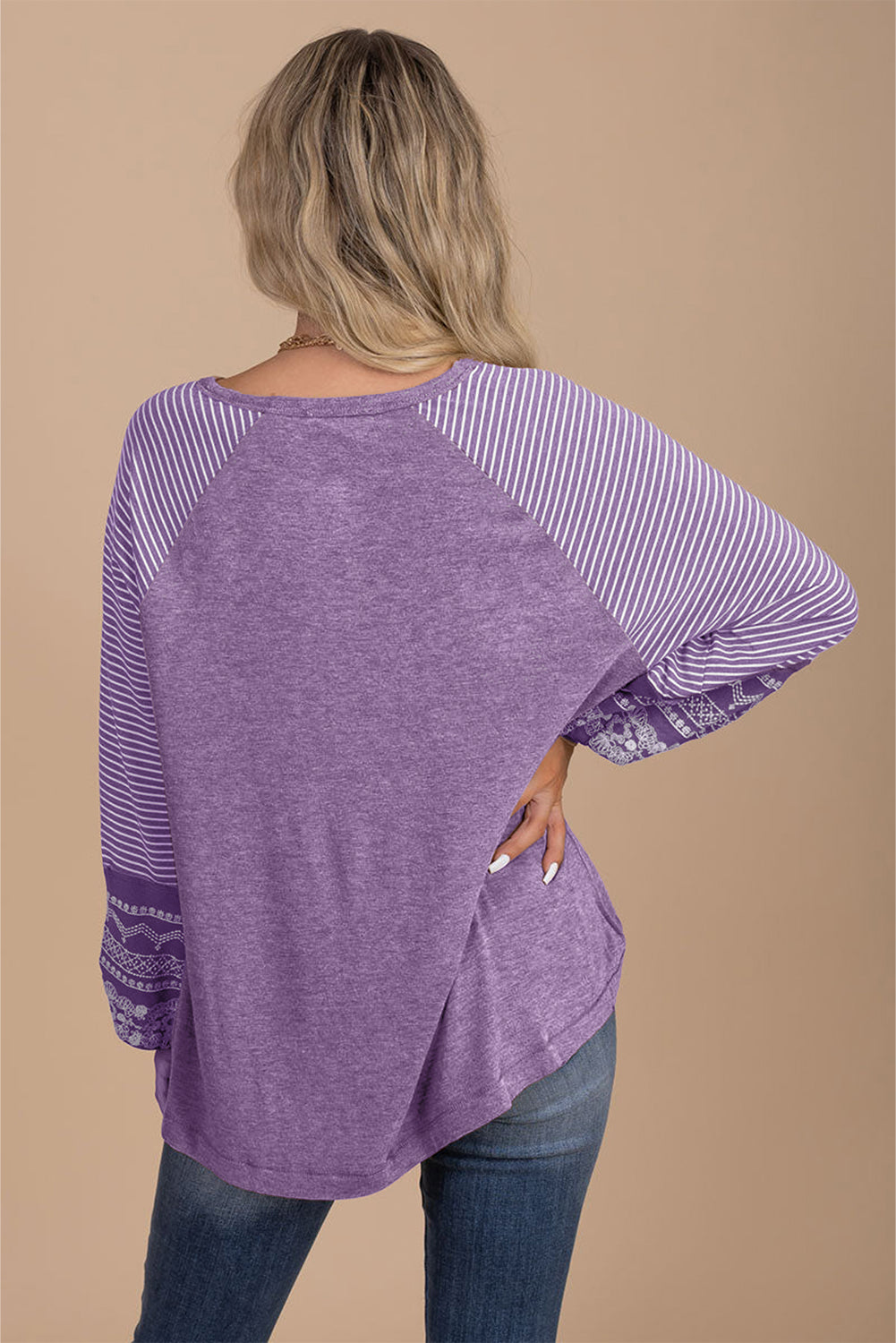 Brown Contrast Print Striped Raglan Long Sleeve Loose Top