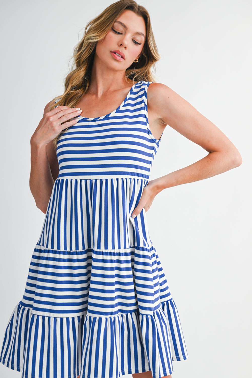 Rose Stripe U Neck Sleeveless Loose Fit Mini Dress