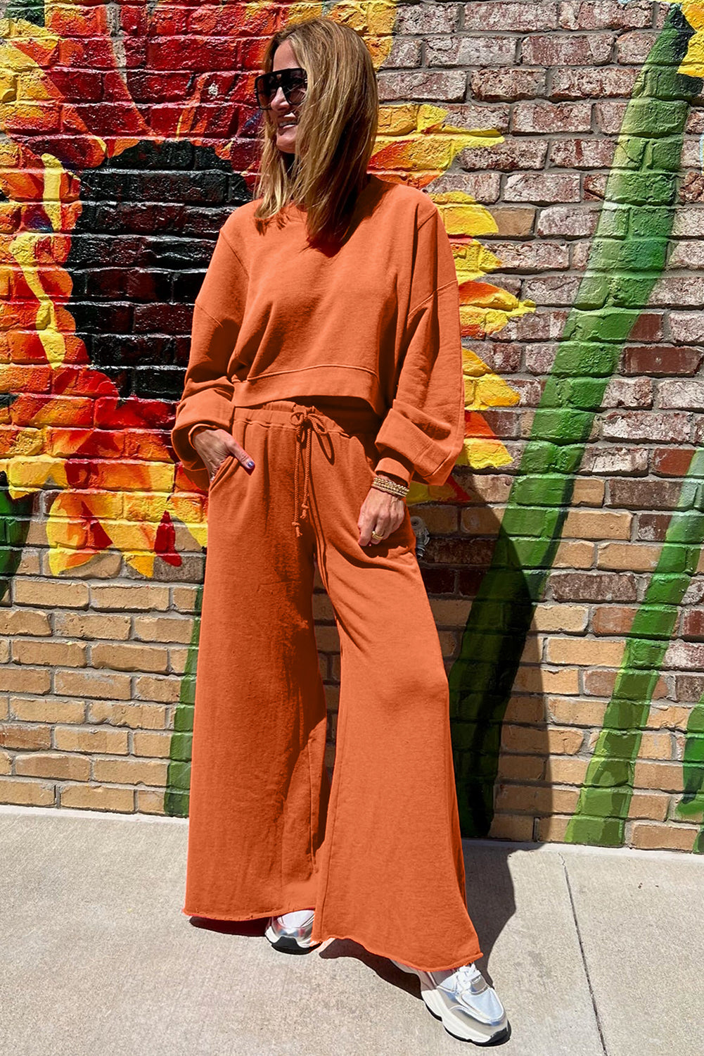 Light Pink Drop Shoulder Crop Pullover Drawstring Wide Leg Pants Set