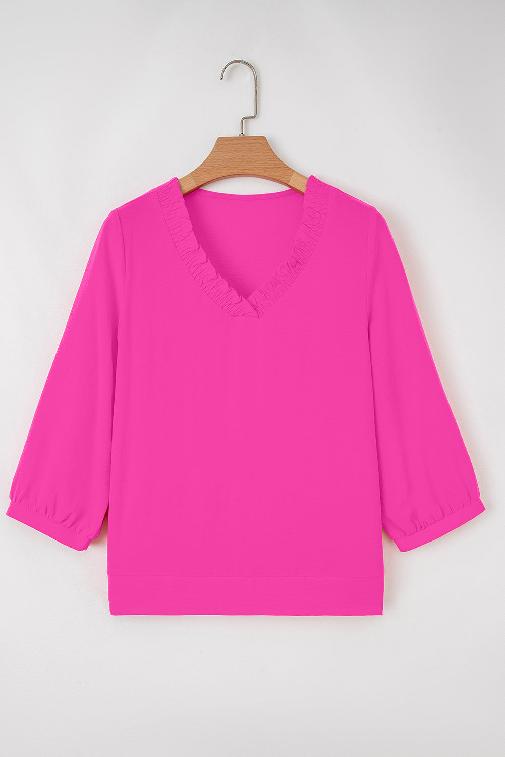 Moonlight Jade Frill V Neckline Puff Sleeve Crinkled Blouse