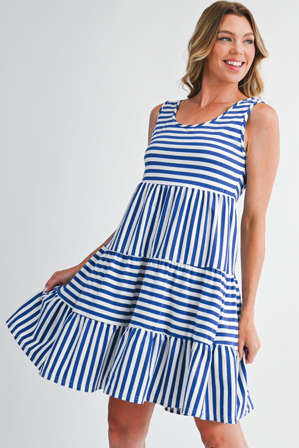Rose Stripe U Neck Sleeveless Loose Fit Mini Dress
