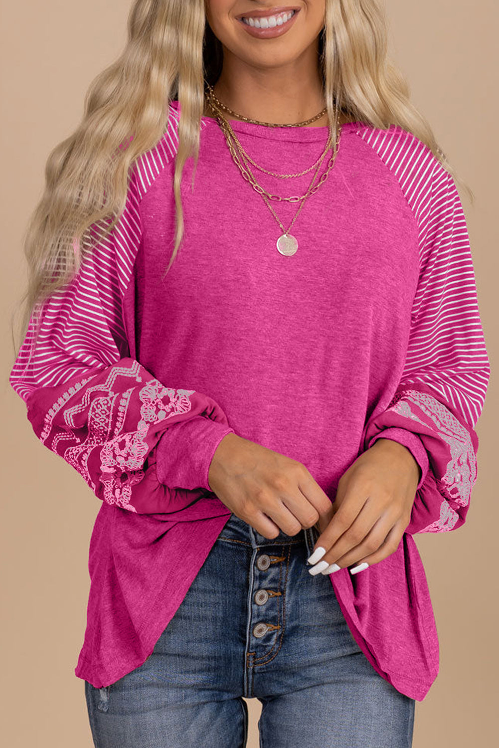 Brown Contrast Print Striped Raglan Long Sleeve Loose Top