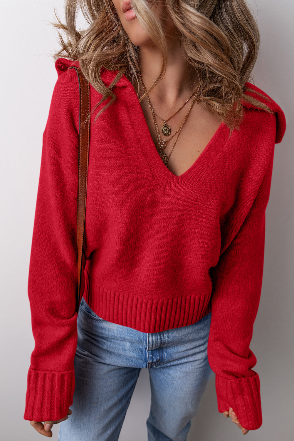 Chestnut Ribbed Edge Collared V Neck Loose Fit Sweater