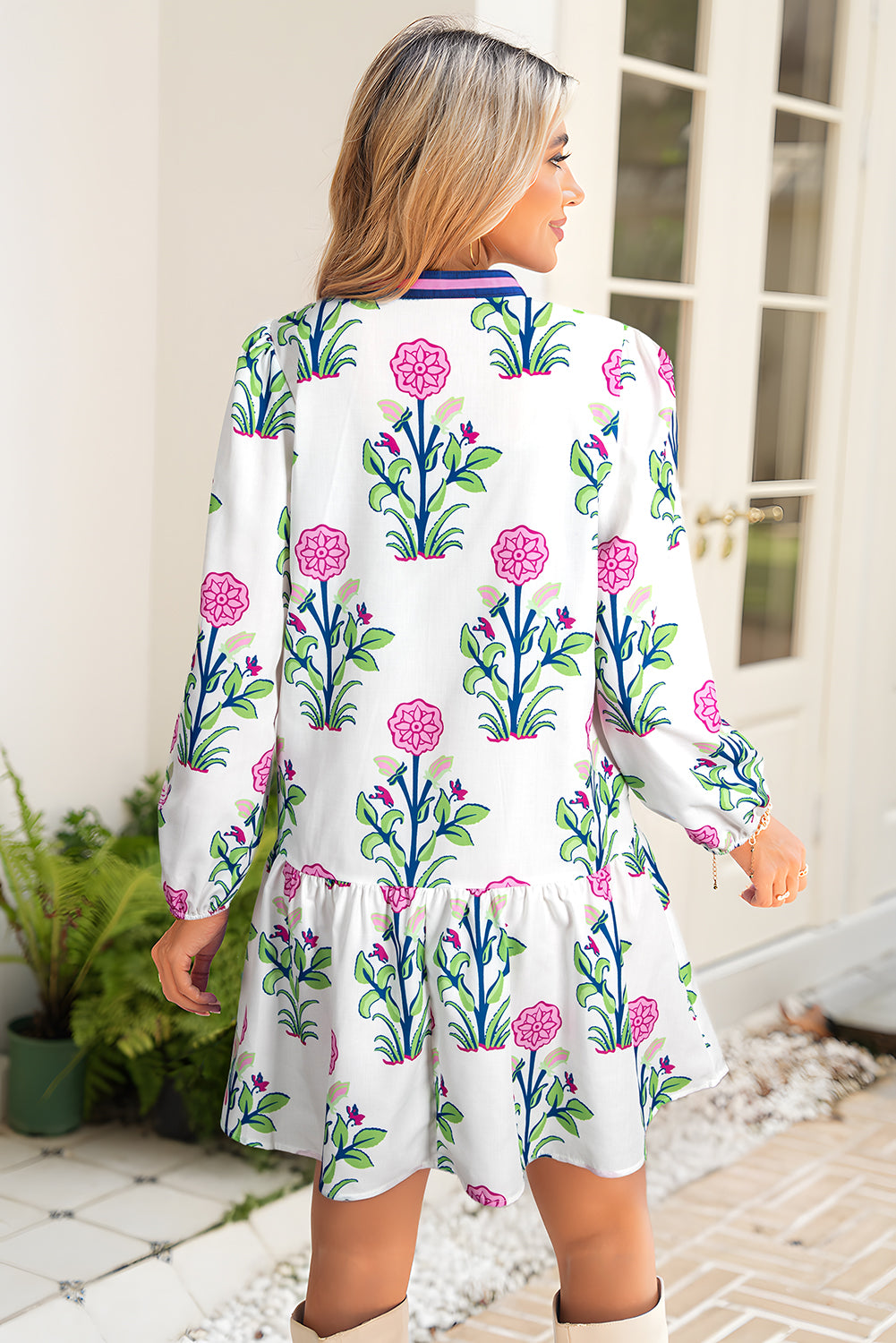 Sky Blue Floral Print Pop of Color V Neck Mini Dress