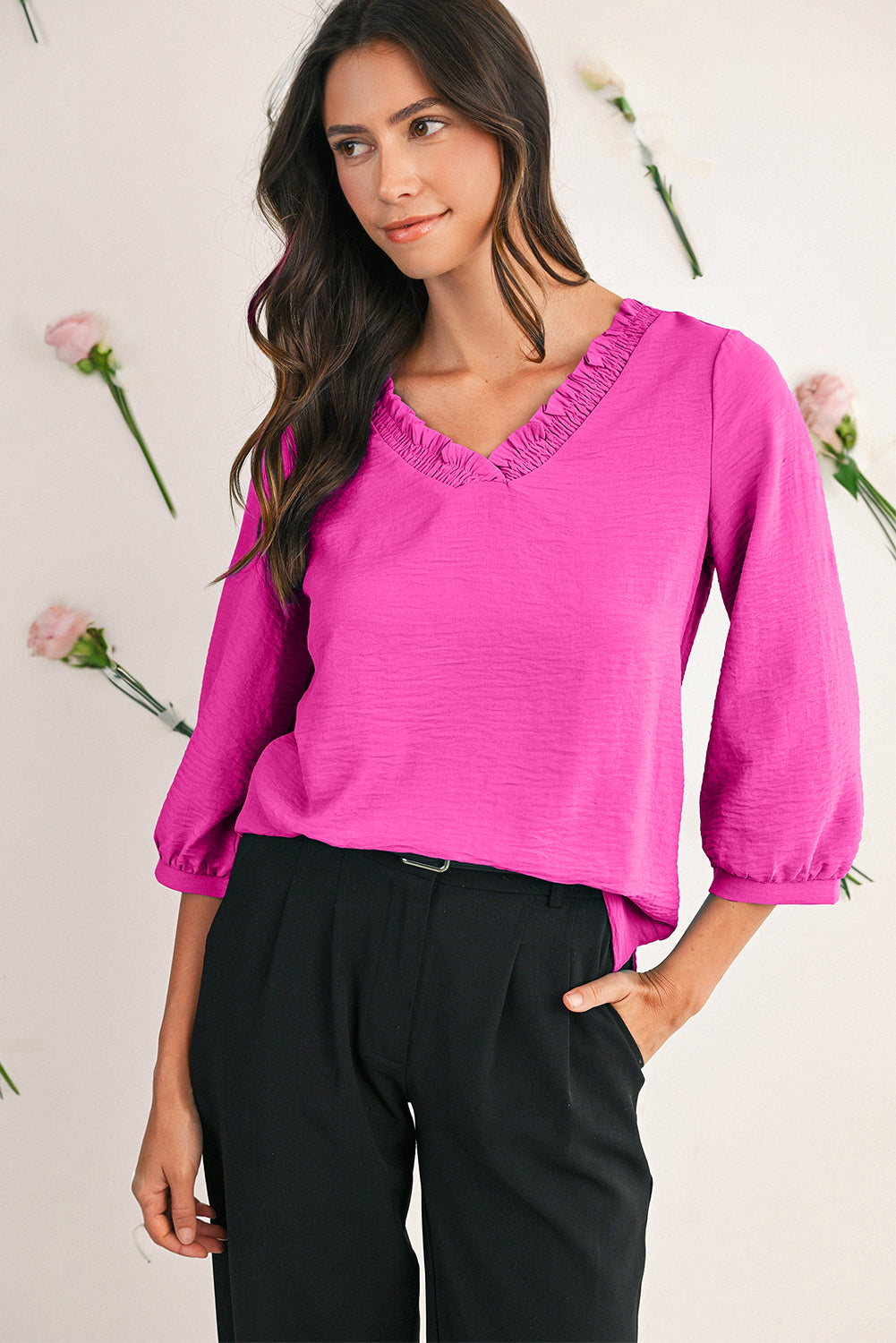 Moonlight Jade Frill V Neckline Puff Sleeve Crinkled Blouse