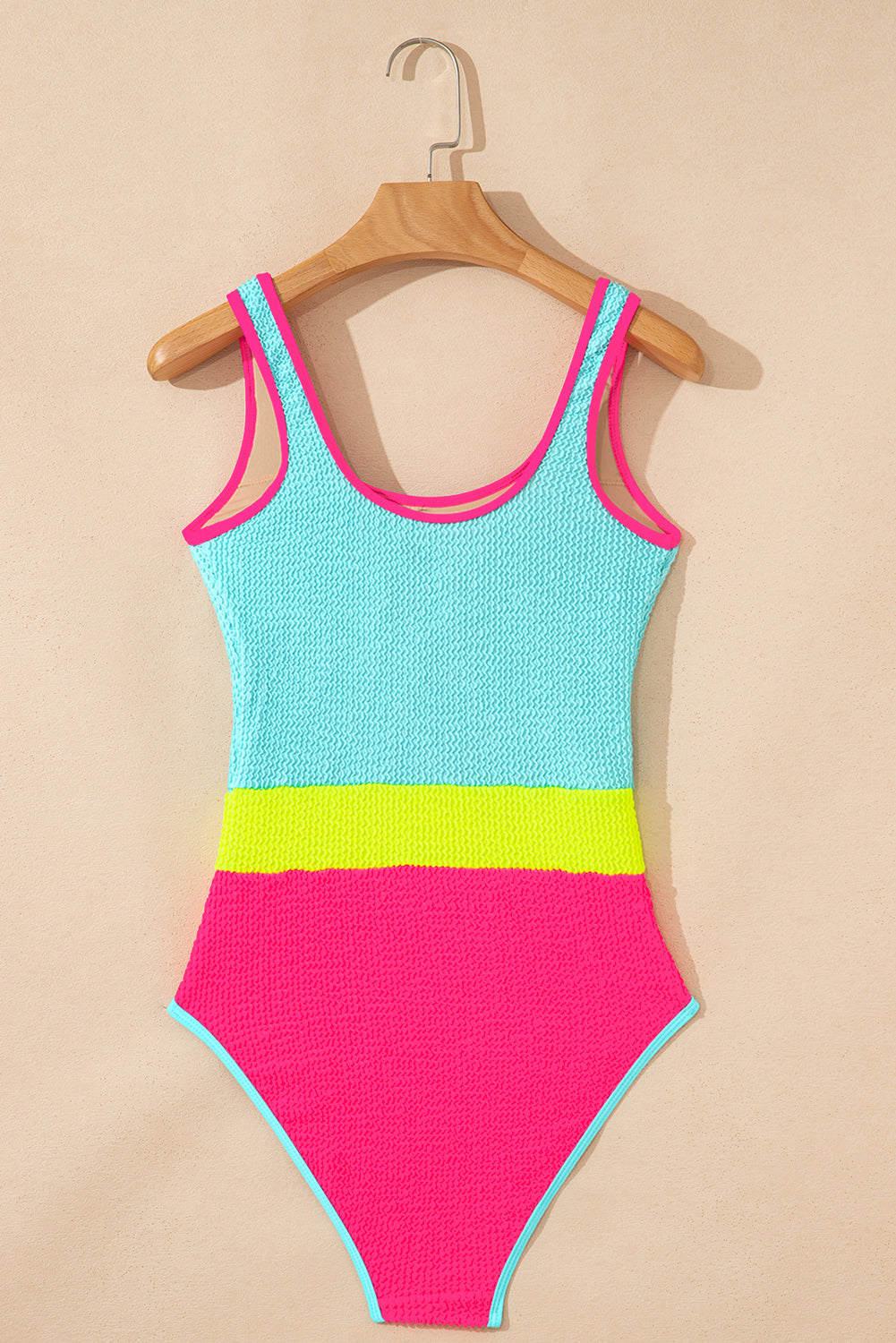 Rose Red Textured Colorblock One Piece Swimsuit