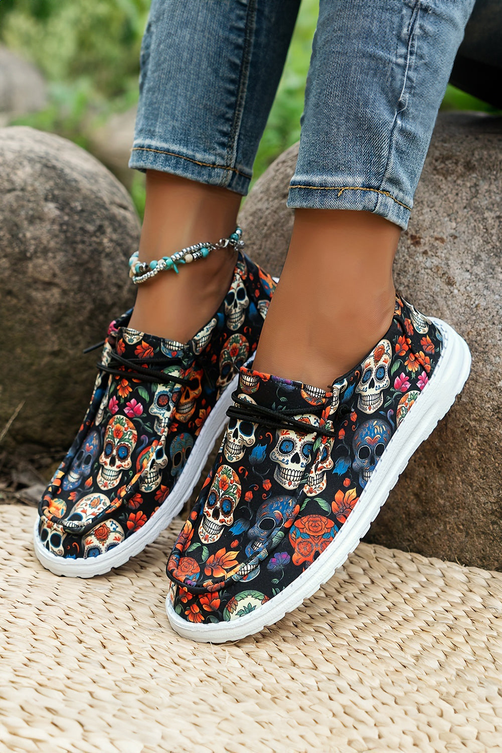 Black Halloween Skull Print Casual Shoes