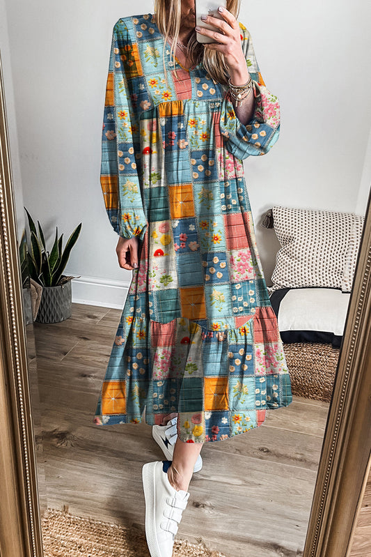 Sky Blue Floral Checkered Pattern Bubble Sleeve Ruffle Hem Dress