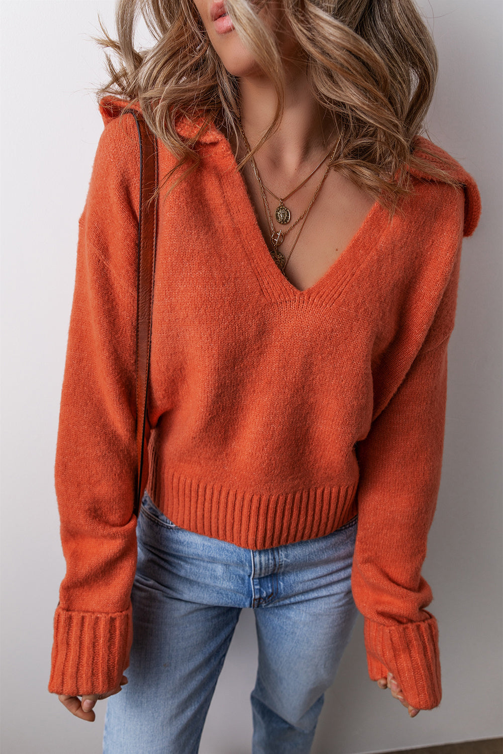 Chestnut Ribbed Edge Collared V Neck Loose Fit Sweater