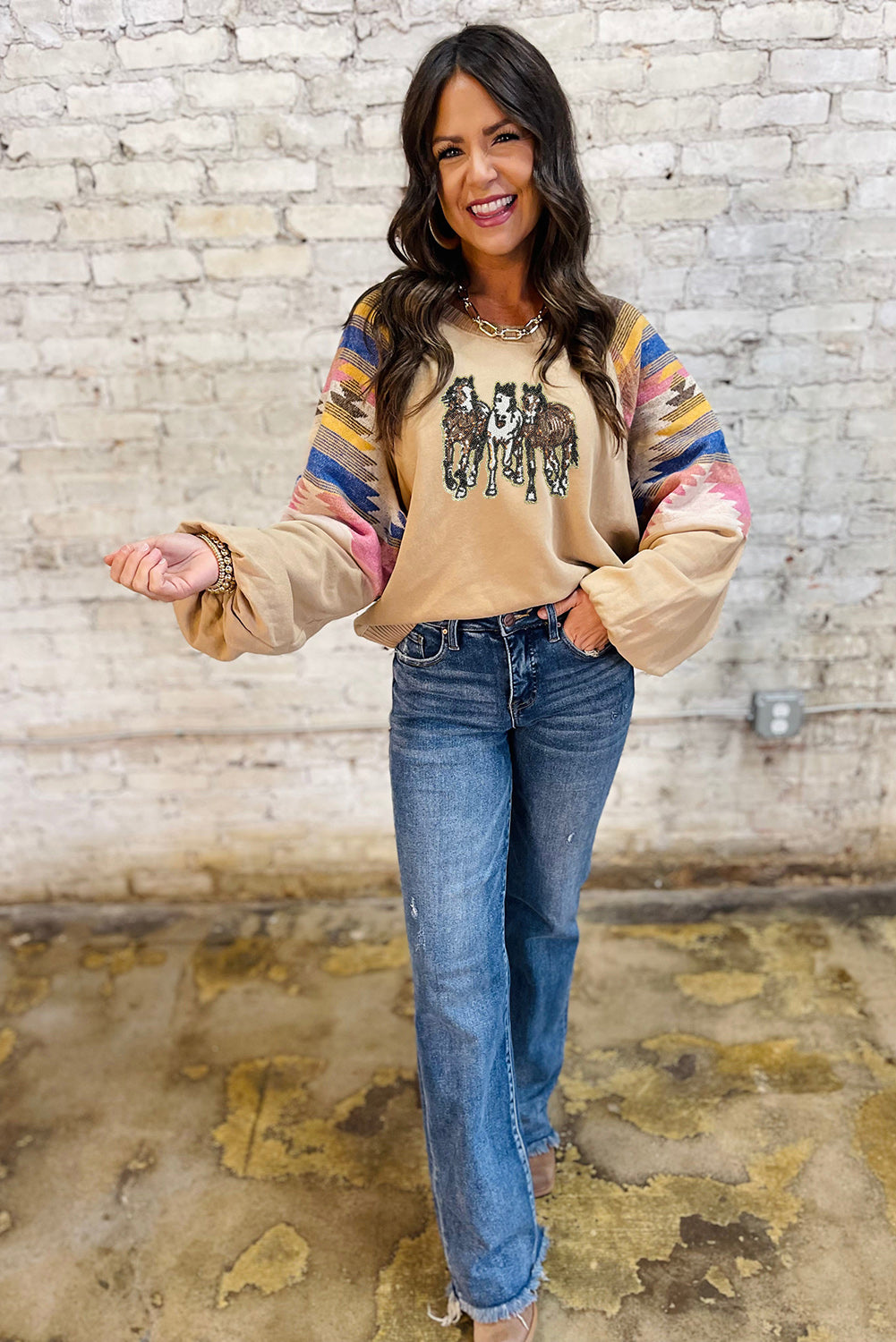 Light French Beige Horses Sequins Patch Graphic Fashion Sweatshirt