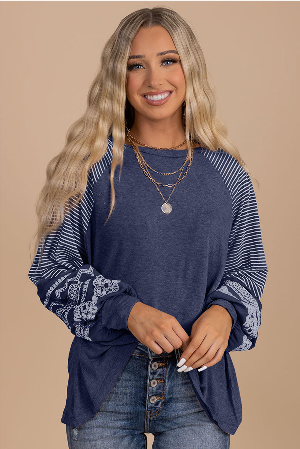 Brown Contrast Print Striped Raglan Long Sleeve Loose Top
