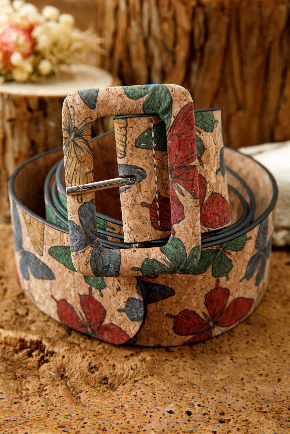 Chestnut Retro Butterfly Print Buckle Belt