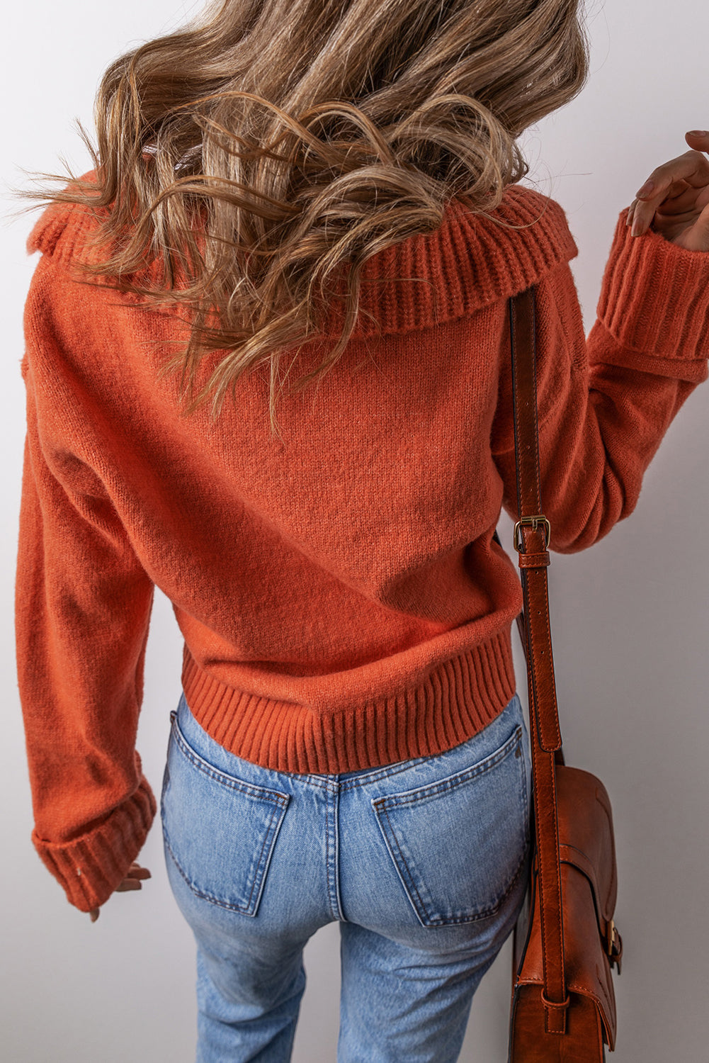 Chestnut Ribbed Edge Collared V Neck Loose Fit Sweater