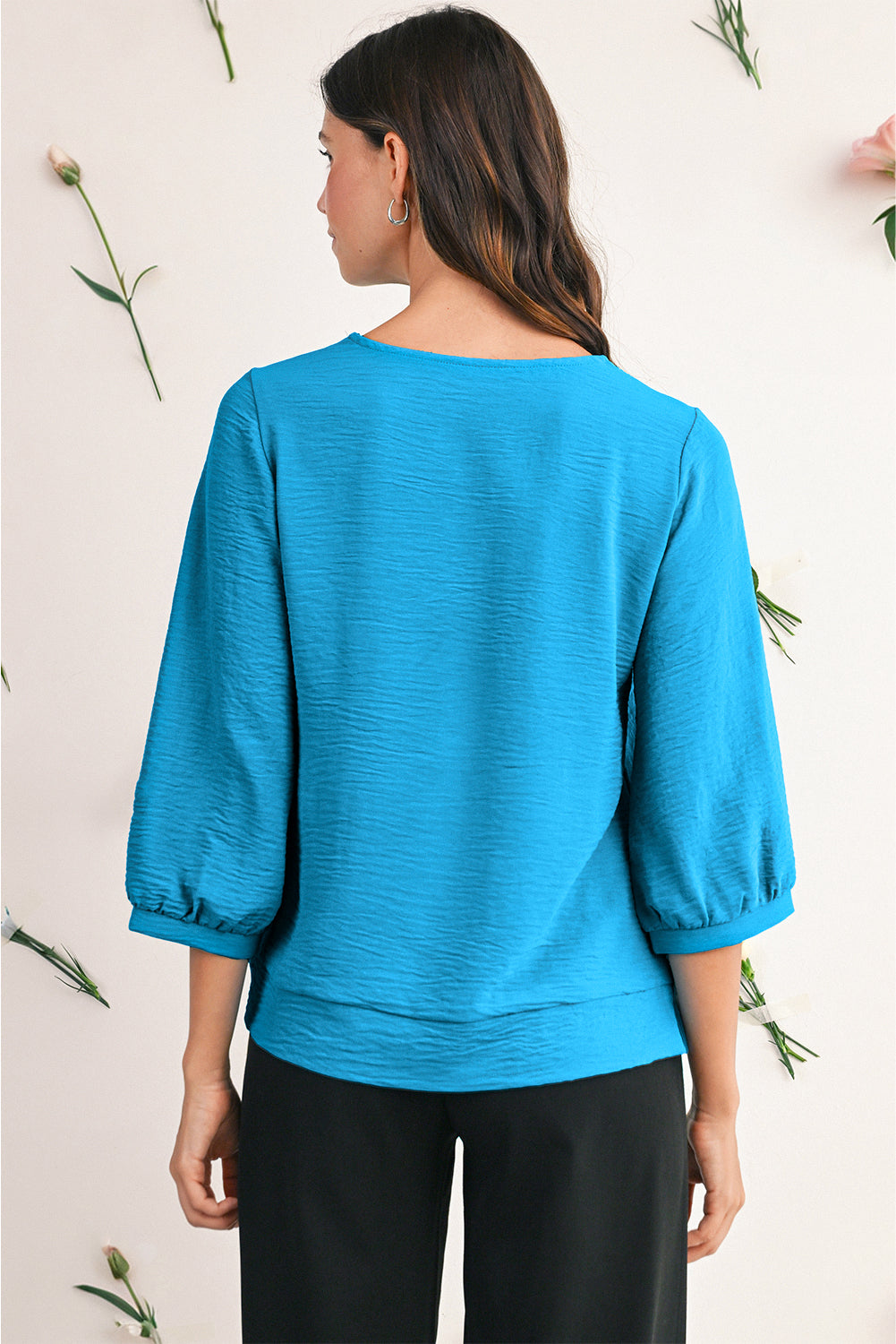 Moonlight Jade Frill V Neckline Puff Sleeve Crinkled Blouse