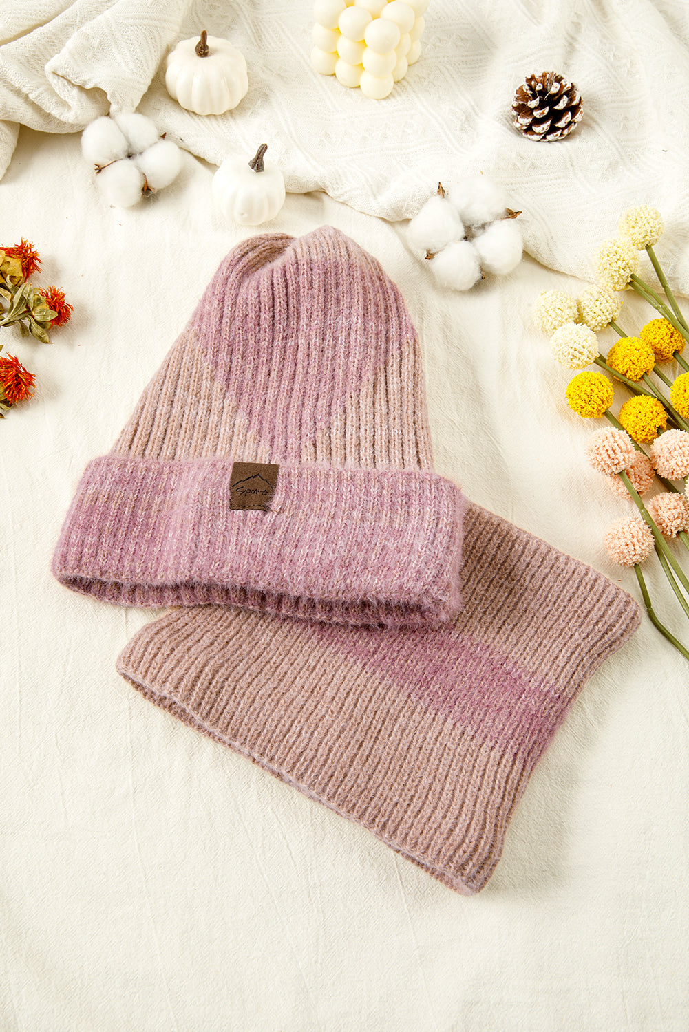 Peach Blossom Winter Beanie Hat and Cozy Sherpa Liner Scarf Set