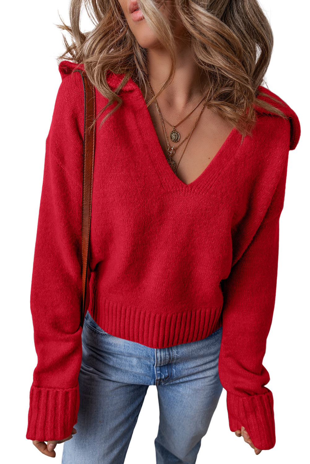 Chestnut Ribbed Edge Collared V Neck Loose Fit Sweater
