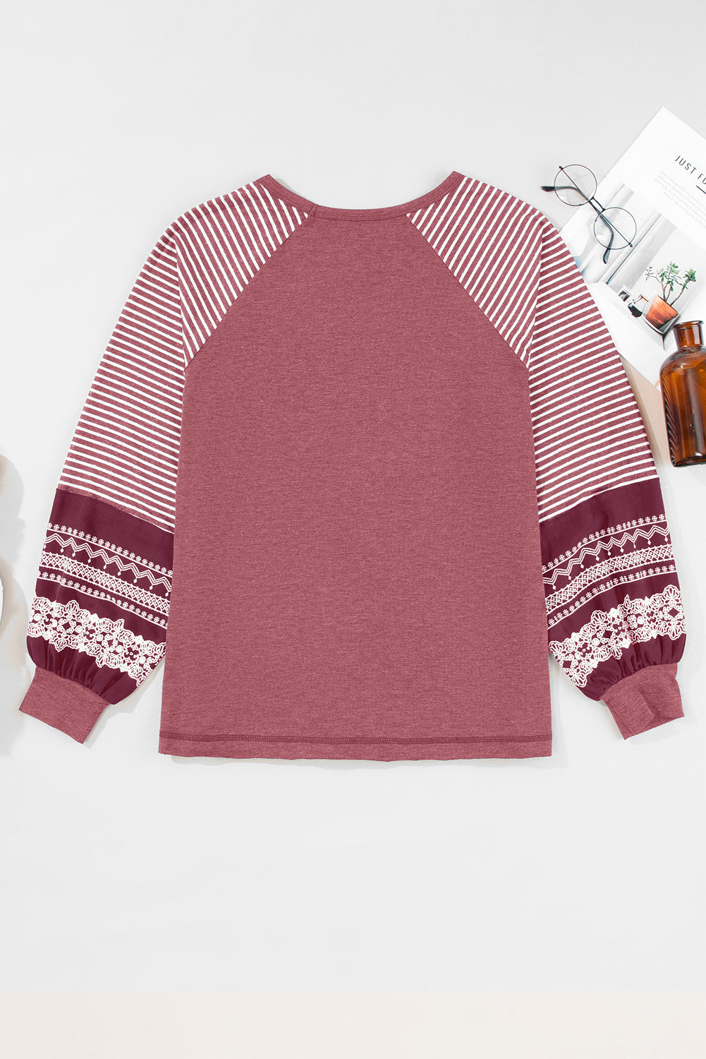 Brown Contrast Print Striped Raglan Long Sleeve Loose Top