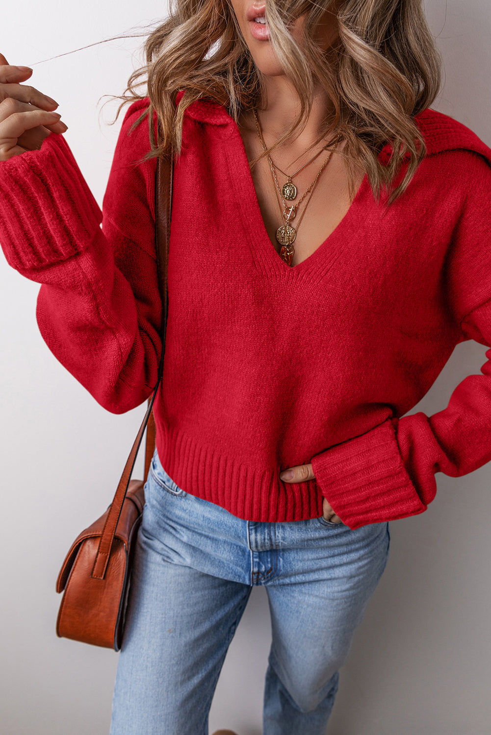 Chestnut Ribbed Edge Collared V Neck Loose Fit Sweater