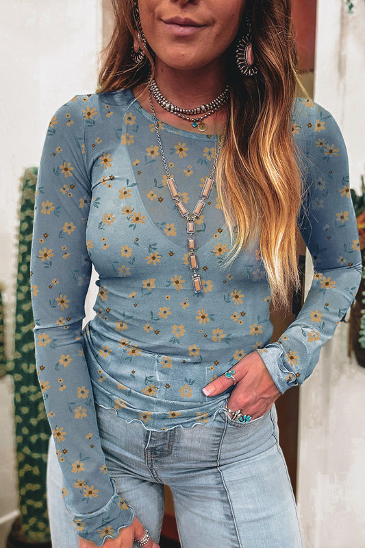 Sky Blue Floral Print Mesh Slim Fit Long Sleeve Top