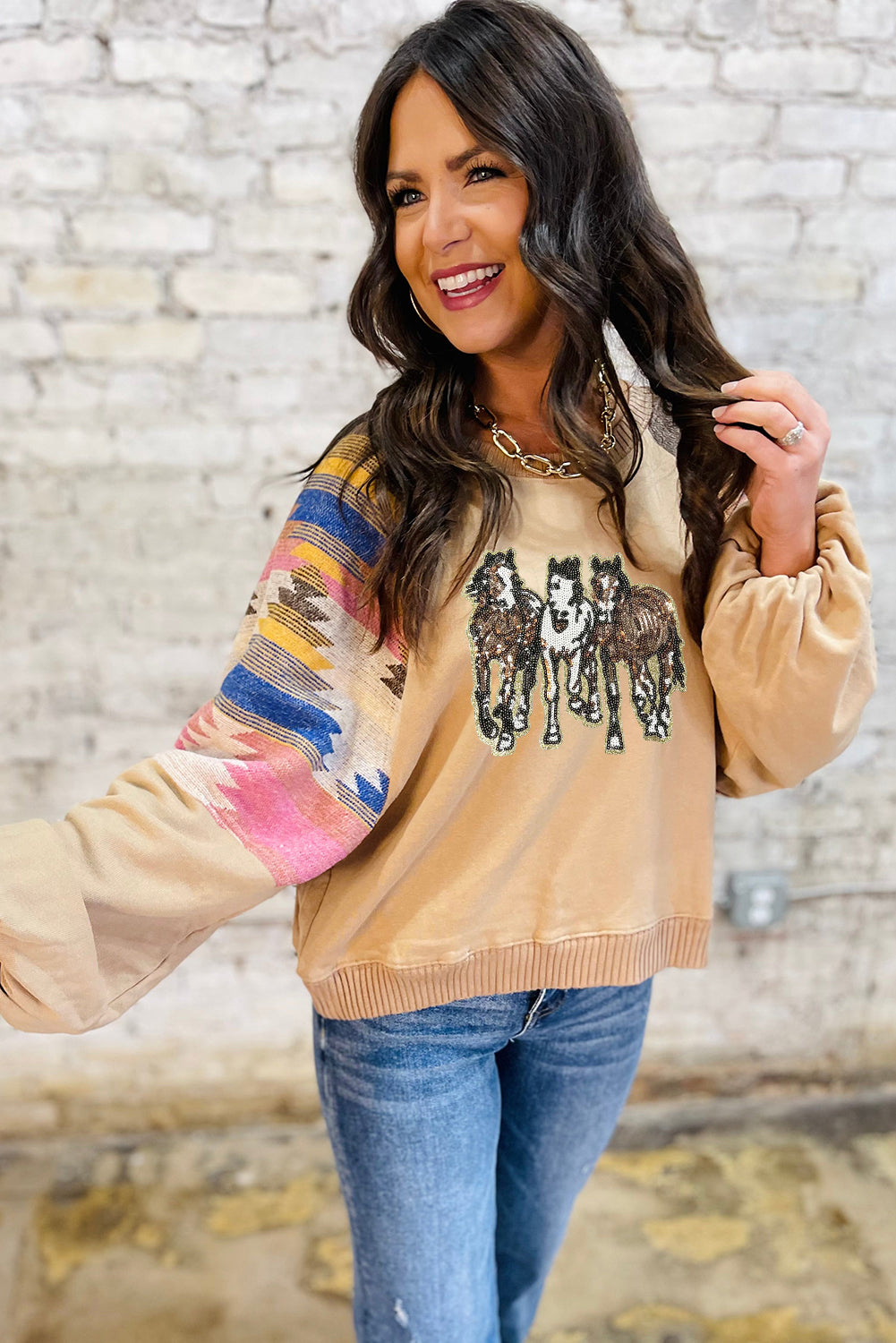 Light French Beige Horses Sequins Patch Graphic Fashion Sweatshirt