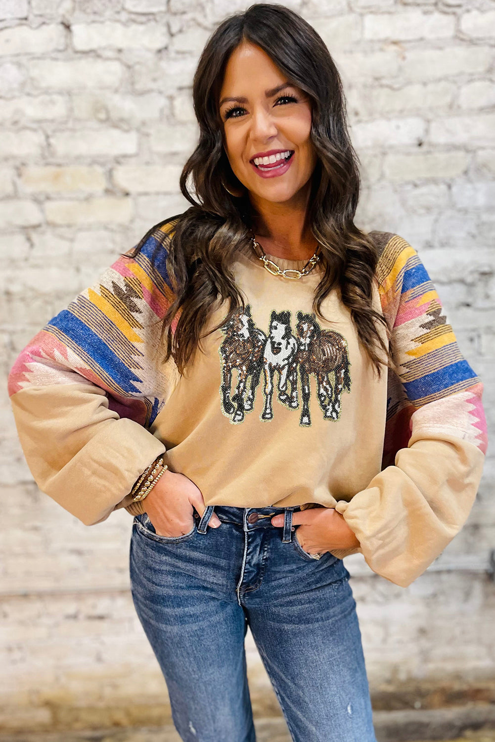 Light French Beige Horses Sequins Patch Graphic Fashion Sweatshirt
