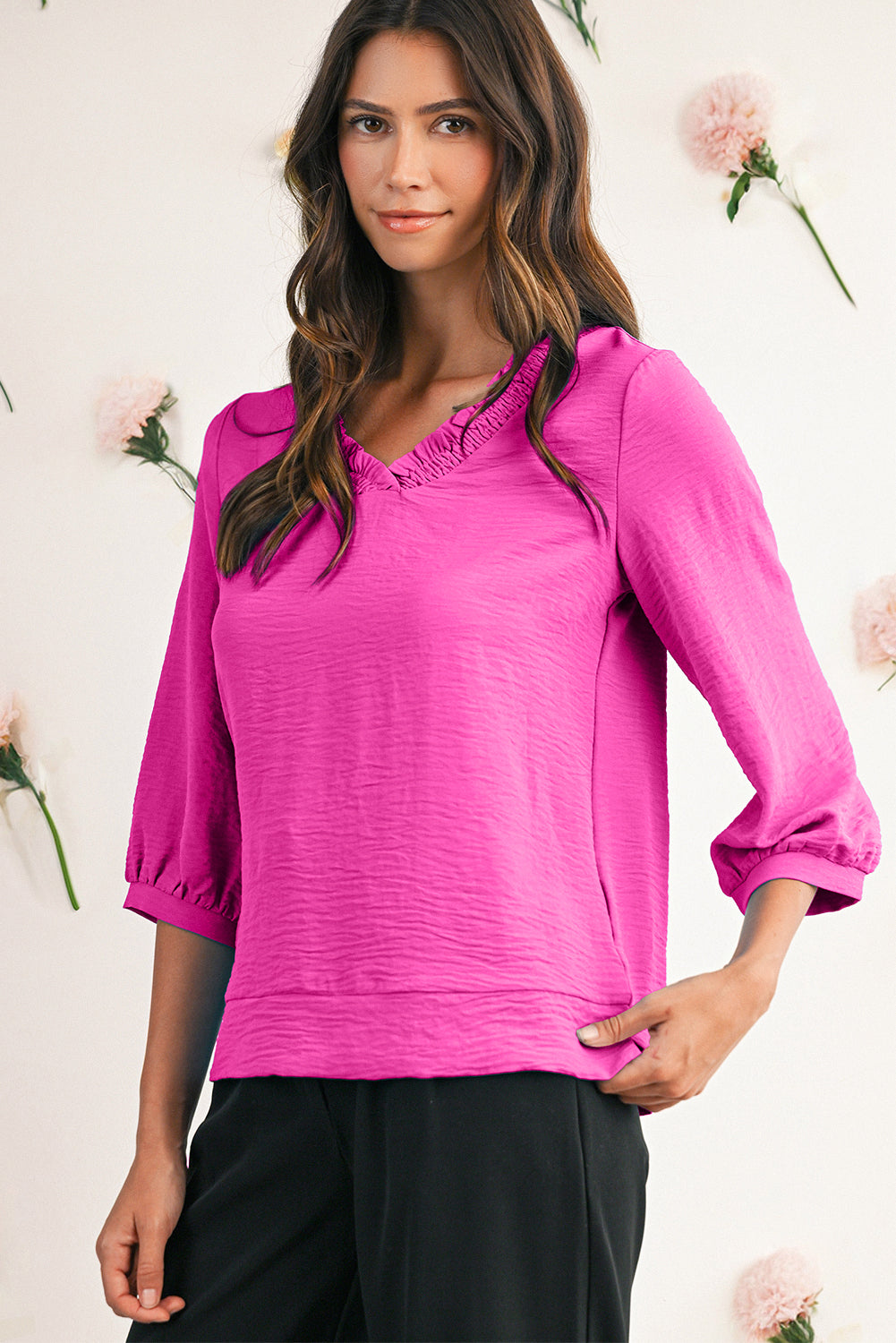 Moonlight Jade Frill V Neckline Puff Sleeve Crinkled Blouse