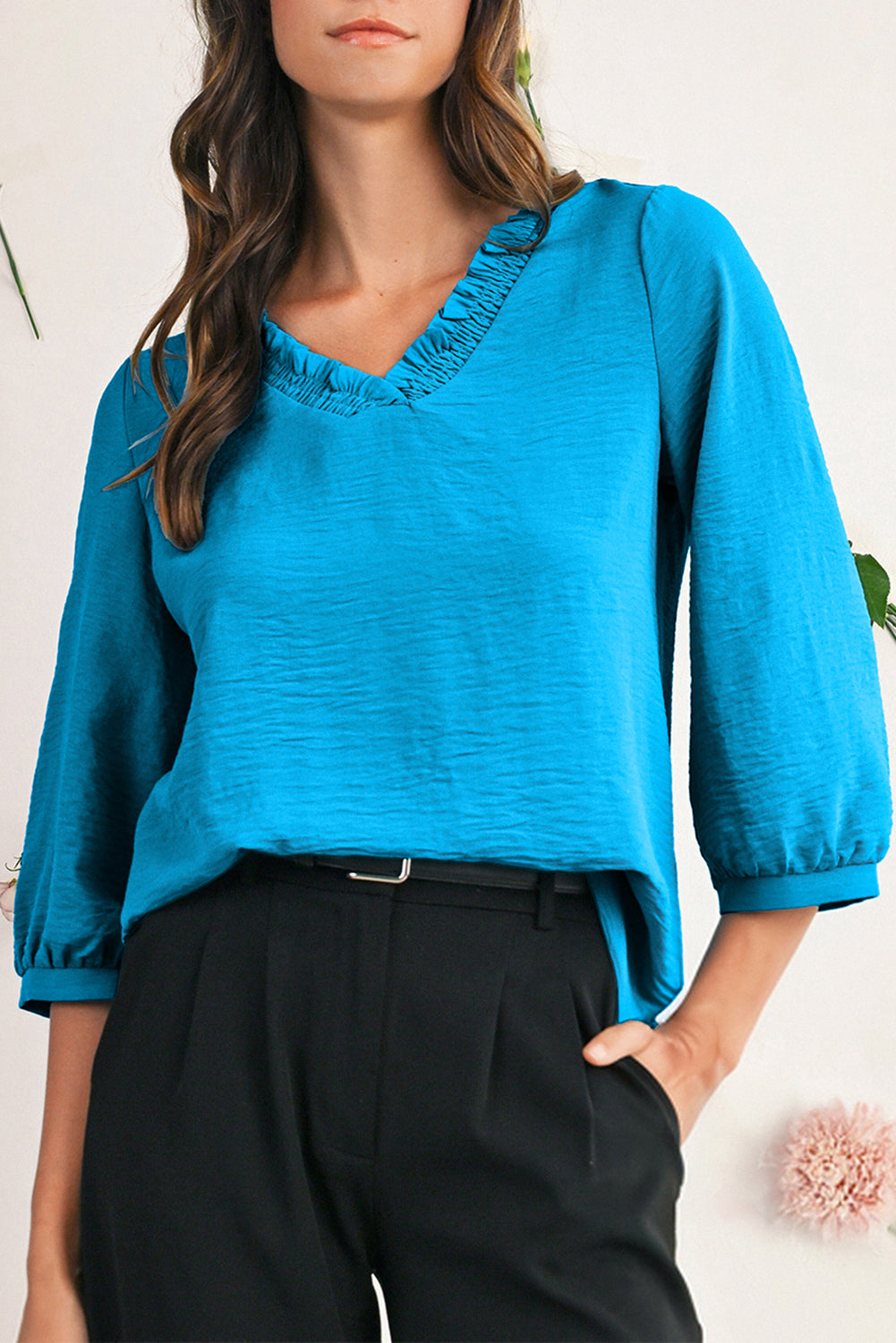Moonlight Jade Frill V Neckline Puff Sleeve Crinkled Blouse