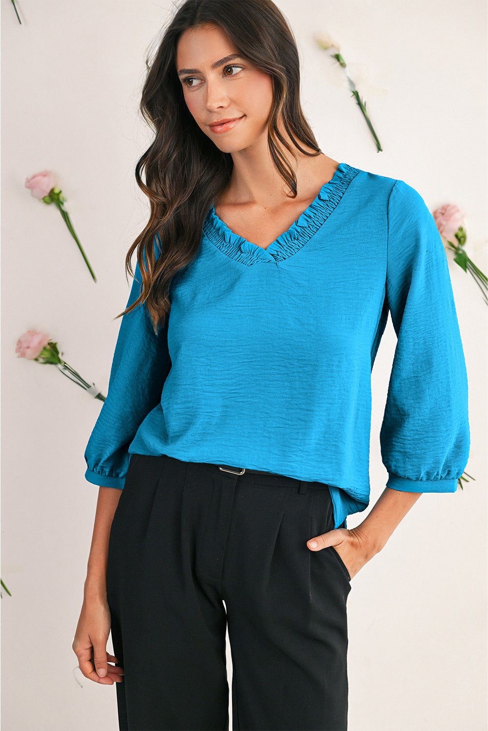 Moonlight Jade Frill V Neckline Puff Sleeve Crinkled Blouse