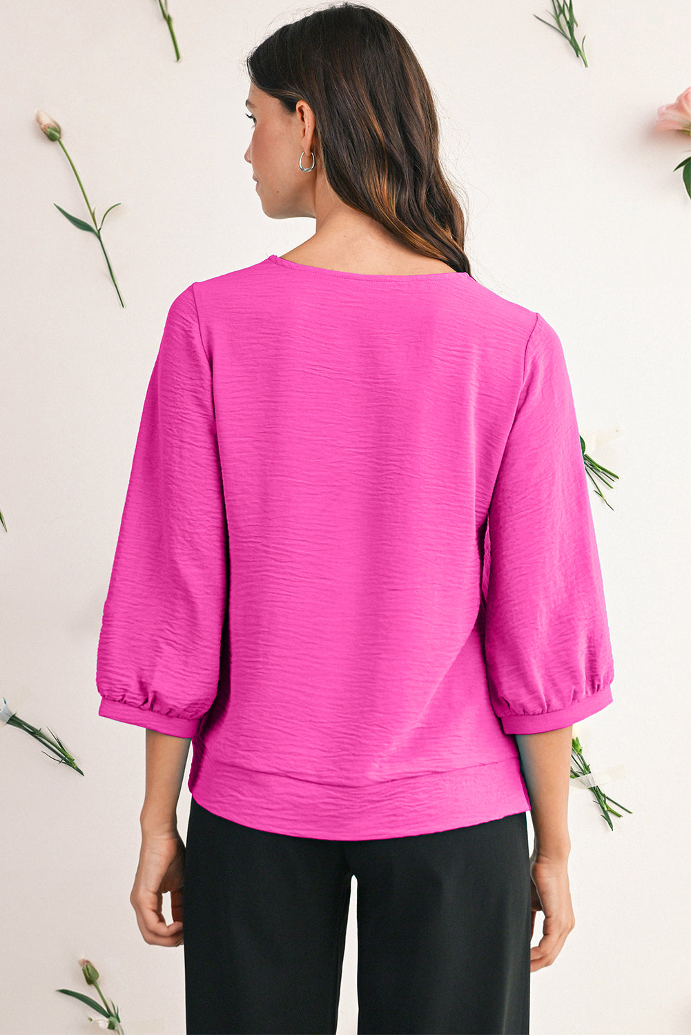 Moonlight Jade Frill V Neckline Puff Sleeve Crinkled Blouse