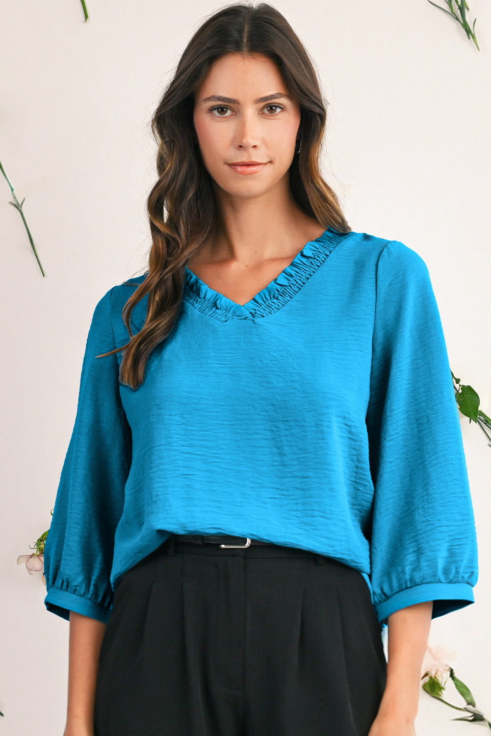 Moonlight Jade Frill V Neckline Puff Sleeve Crinkled Blouse