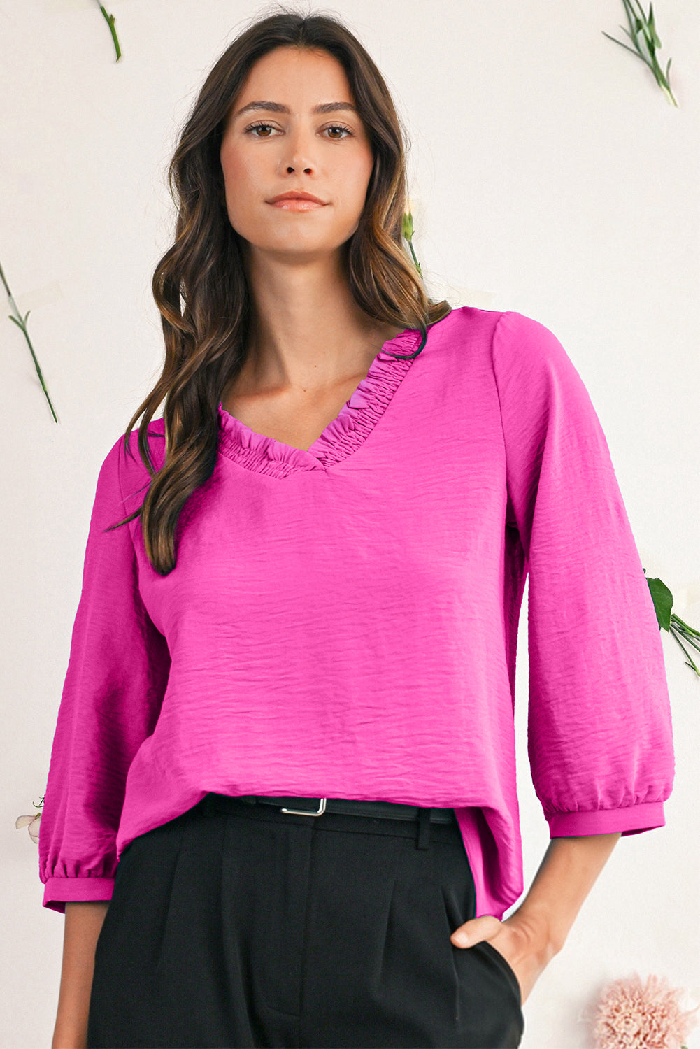 Moonlight Jade Frill V Neckline Puff Sleeve Crinkled Blouse
