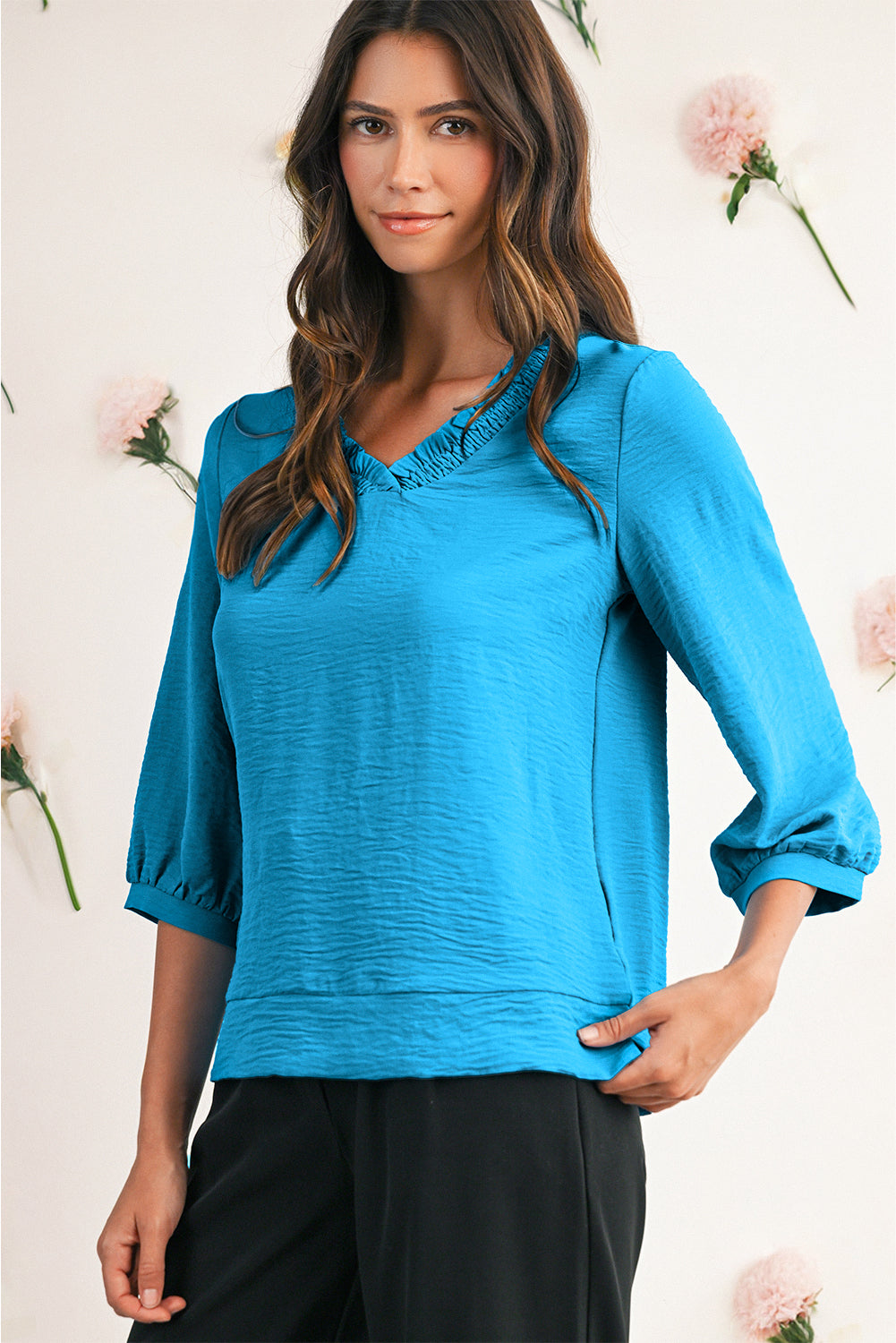 Moonlight Jade Frill V Neckline Puff Sleeve Crinkled Blouse