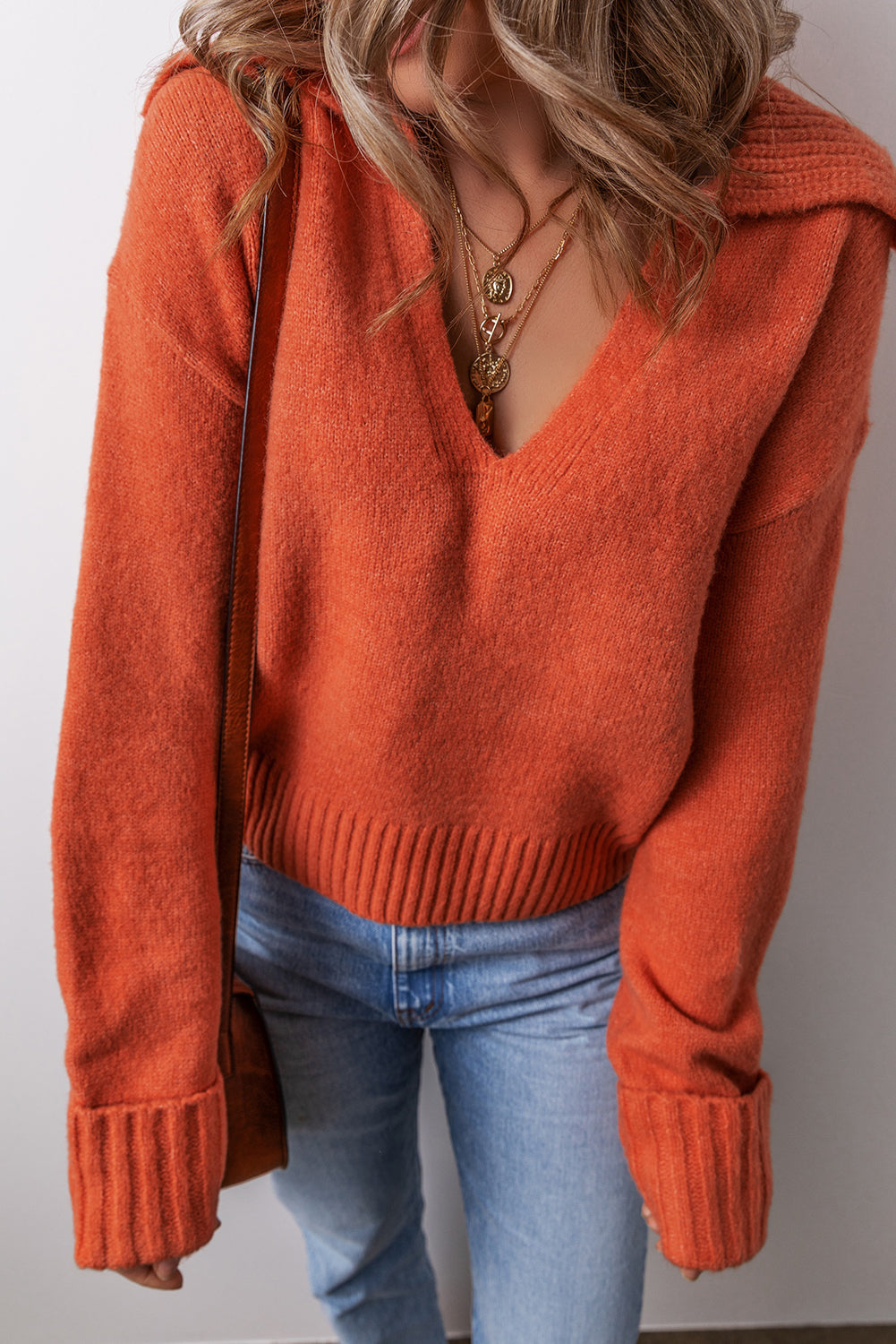 Chestnut Ribbed Edge Collared V Neck Loose Fit Sweater