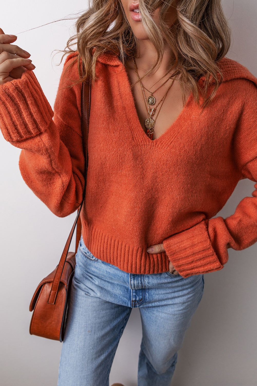 Chestnut Ribbed Edge Collared V Neck Loose Fit Sweater
