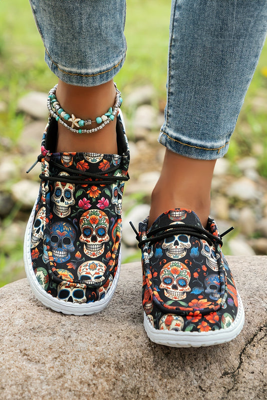 Black Halloween Skull Print Casual Shoes