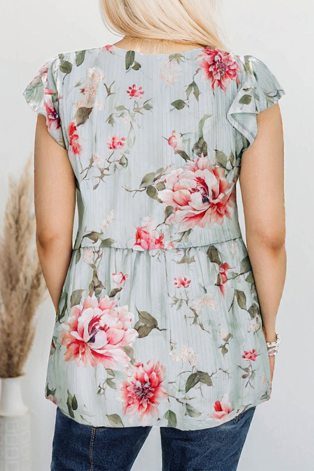 Sky Blue Floral Flutter Shoulder Flowy Plus Size Top