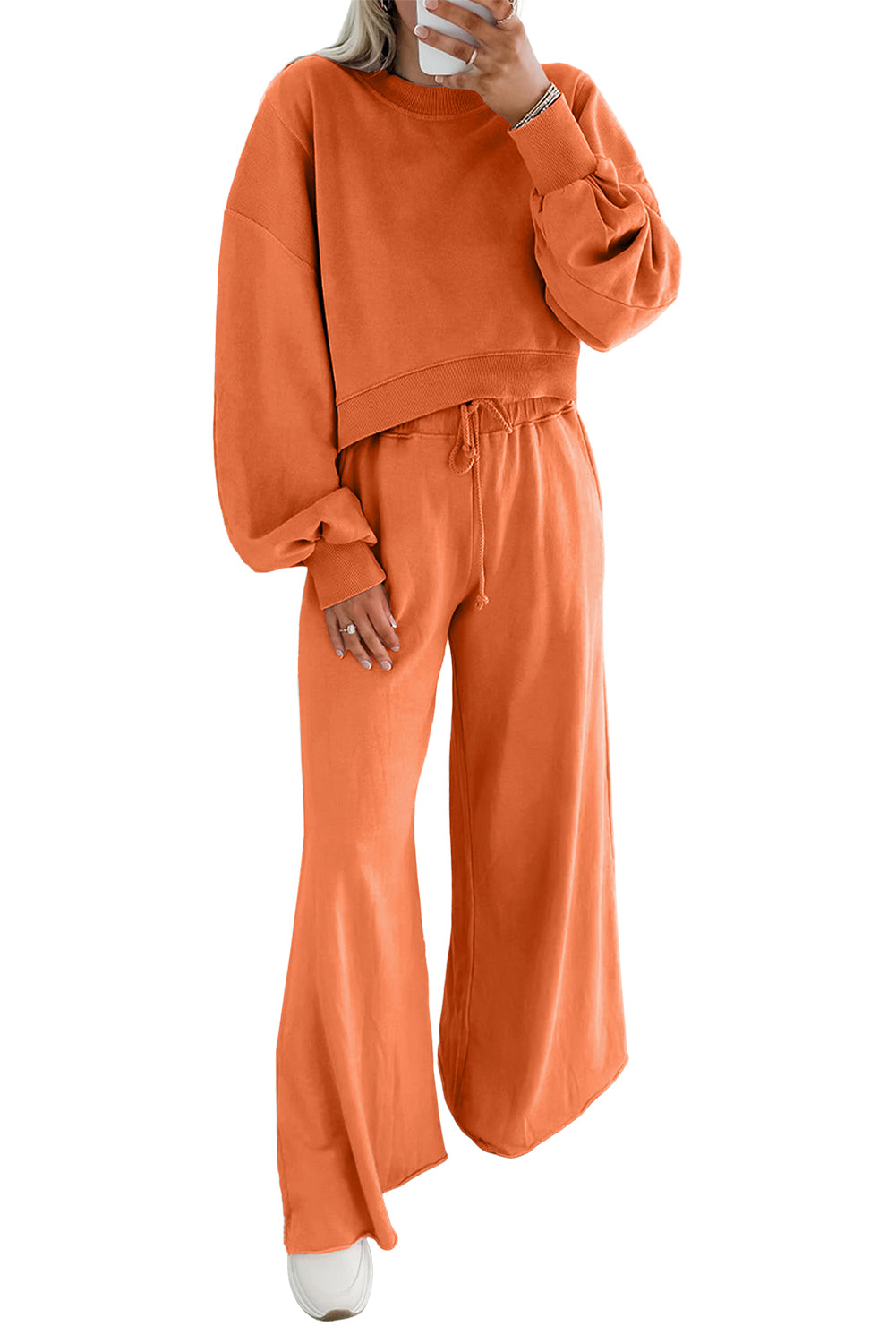 Light Pink Drop Shoulder Crop Pullover Drawstring Wide Leg Pants Set