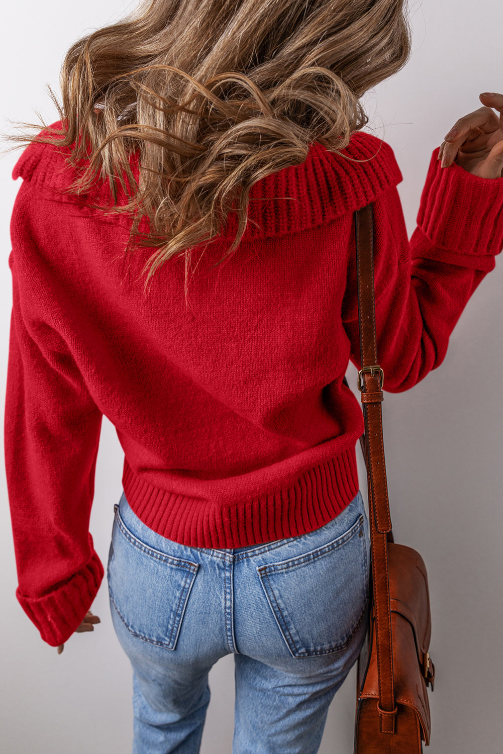 Chestnut Ribbed Edge Collared V Neck Loose Fit Sweater