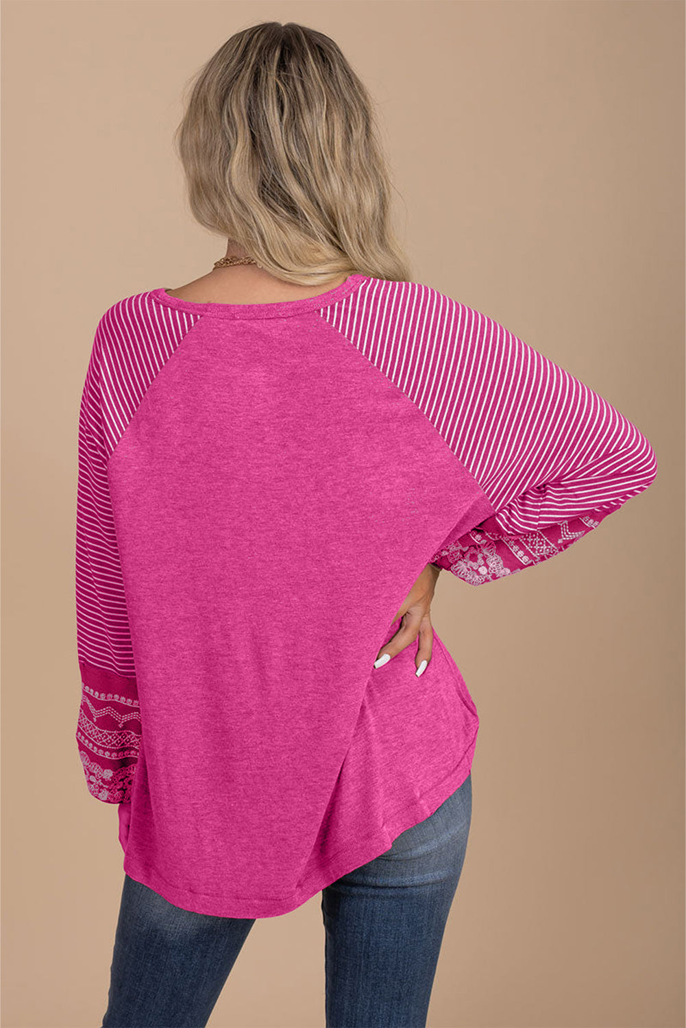 Brown Contrast Print Striped Raglan Long Sleeve Loose Top
