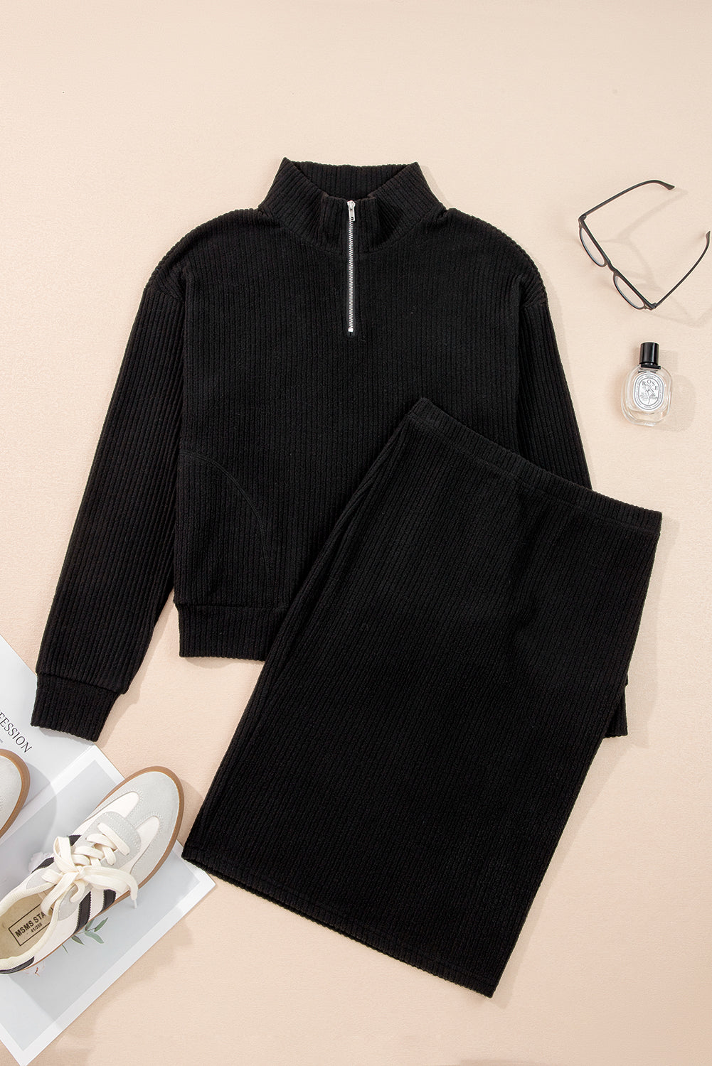 Black Ribbed Zip Neck Drop Shoulder Pullover Bodycon Skirt Set